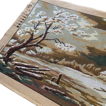 Load image into Gallery viewer, Left section of "Escaping the Storm" needlepoint canvas — stormy dark sky, trees bending in wind, printed colour detail on cotton canvas

