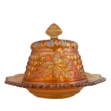 Load image into Gallery viewer, Northwood Grape &amp; Cable marigold carnival glass covered butter dish, lid separated from dish, showing sawtooth rim and starburst base, full set view, c. 1910
