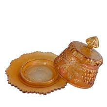 Load image into Gallery viewer, Northwood Grape &amp; Cable marigold carnival glass covered butter dish, angled view highlighting oil-slick iridescence on pressed glass surface, c. 1910
