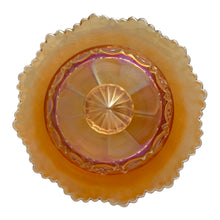 Load image into Gallery viewer, Overhead view of Northwood Grape &amp; Cable marigold carnival glass butter dish lid, showing pressed grape cluster and leaf pattern with central finial knob, c. 1910
