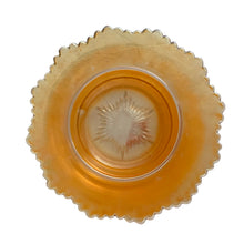 Load image into Gallery viewer, Northwood maker's mark detail on Northwood Grape &amp; Cable marigold carnival glass butter dish base, c. 1910

