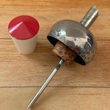 Load image into Gallery viewer, Jacks Daughter of All Trades Vintage Antique Mid-Century Kitsch Store Shop Reseller Etsy Shopify Toronto Canada Free Porch Pick Up Local Delivery Worldwide Shipping Judy Weinberg Unique Housewarming Gift Sustainable Gift Wedding Gift Home Decor Collectible Collector Gift Farmhouse Cottagecore Cottage Lodge Shabby Chic Industrial Hollywood Regency novelty red and white wood topped liquor bottle pourer stopper atomic barware Mad Men decor
