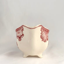 Load image into Gallery viewer, Vintage pink transferware Old Britain Castles creamer. Crafted by Johnson Bros, England, 1930 - 2003. A lovely way to enhance your tea and coffee experience!

In as found condition, inner chip to one of the feet, no cracks or repairs. Maker&#39;s mark on the bottom.

Measures 6 1/4 x 3 5/8 x 2 7/8 inches (incl. handle)

Capacity 8 ounces
