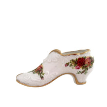 Load image into Gallery viewer, Vintage Old Country Roses bone china shoe features deep pink and yellow roses with gold gilt details. Crafted by Royal Albert, England, 1941 to 1998. A lovely addition to your china collection!

In excellent condition, no chips/cracks/repairs.

Measures 4 1/2 x 1 1/2 x 2 inches
