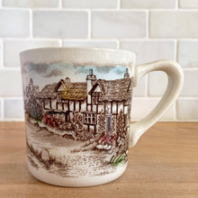 Load image into Gallery viewer, Johnson Bros Old English Countryside mug, side view showing handle detail and continuation of pastoral transferware scene with climbing florals and thatched cottages
