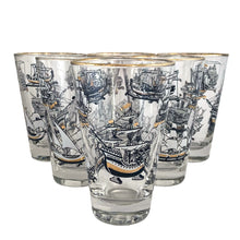 Load image into Gallery viewer, Set of six vintage Old Ships glass tumblers featuring black, white and gold sailing vessels with gold rims. Crafted by Libbey Glass, circa 1950s. A great addition to your barware collection or perfect for the sailing enthusiast!  In excellent condition, no chips, minor wear to the gold rim. Marked on the bottom with the Libbey &quot;L&quot;.  Measures 3 1/2 x 5 1/4 inches  Capacity 12 ounces
