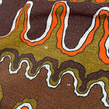 Load image into Gallery viewer, Jacks Daughter of All Trades Vintage Antique Mid-Century Kitsch Store Shop Reseller Etsy Shopify Toronto Canada Free Porch Pick Up Local Delivery Worldwide Shipping Judy Weinberg Unique Housewarming Gift Sustainable Gift Home Decor Collectible Collector Gift Farmhouse Cottagecore Cottage Lodge Shabby Chic Flea Market Style cream linen with a bold mixing vibrant orange, warm brown, and muted olive green abstract pattern linen tablecloth 1970s psychedelia retro flair dining room
