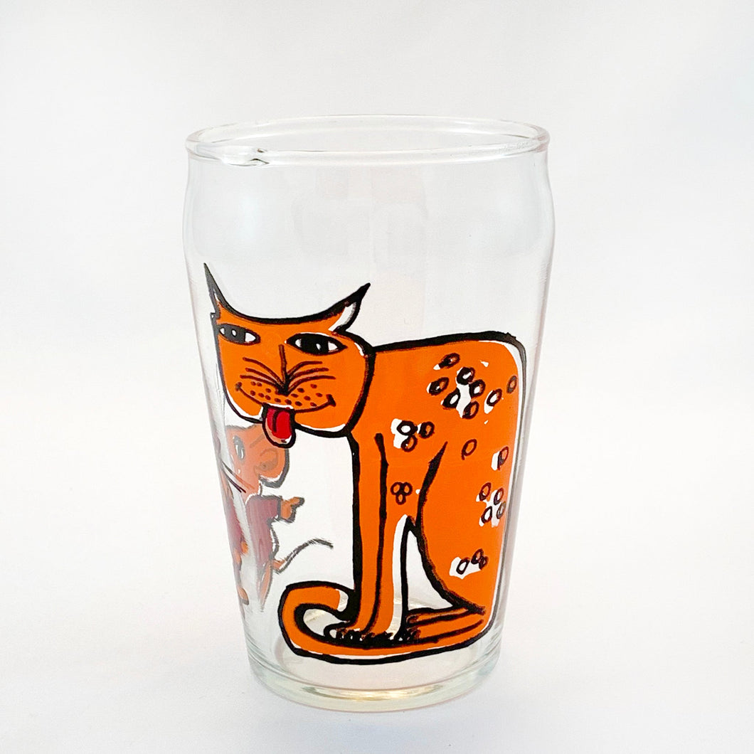 Vintage Illustrated Illustration Graphic Marketing Food Packaging Promotion Orange Spotted Cat Mouse Striped Jacket Promotional Drinking Juice Beverage Glasses Retro Beer Milk Glassware Tableware Breakfast Lunch Dinner Housewares Unique Housewarming Gift Present Freelton Hamilton Antique Mall Toronto Canada Store Shop Community Seller Reseller Vendor