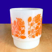 Load image into Gallery viewer, Vintage Fire-King milk glass mug with orange floral rose pattern, front view, Anchor Hocking USA 1970s
