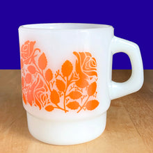 Load image into Gallery viewer, Opposite side view of Fire-King orange florals milk glass mug showing D-handle, Anchor Hocking 1970s vintage drinkware
