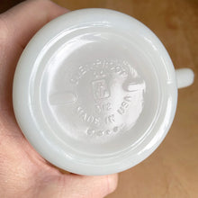 Load image into Gallery viewer, Close-up of Anchor Hocking Fire-King mold number and USA origin stamp on base of vintage milk glass mug
