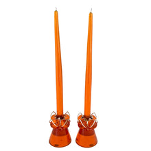 Load image into Gallery viewer, Pair of vintage mid-century orange lucite taper candle holders with flameless lucite candles inserted, silver-toned WT Rogers Lustro-Magic wire bases with crimped rims
