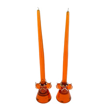 Load image into Gallery viewer, Pair of vintage mid-century orange lucite taper candle holders with flameless lucite candles inserted, silver-toned WT Rogers Lustro-Magic wire bases with crimped rims
