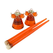 Load image into Gallery viewer, Pair of vintage mid-century orange lucite taper candle holders with flameless lucite candles, silver-toned WT Rogers Lustro-Magic wire bases with crimped rims
