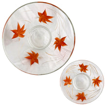 Load image into Gallery viewer, Overhead view of both vintage Anchor Hocking Enchantware bowls showing the full orange maple leaf and gold stem pattern across the interior and rims of the large chip bowl and small dip bowl, 1950s USA
