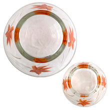 Load image into Gallery viewer, Bottom view of the underside of both Anchor Hocking Enchantware bowls showing the orange and gold leaf pattern wrapping the exterior rim and the recessed base of each bowl, 1950s
