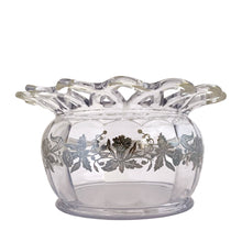 Load image into Gallery viewer, Vintage clear laced edge pressed glass rose bowl featuring a band of silver overlay daffodils. The glass is attributed to Co-Operative Flint Glass and the silver overlay to Silver City, USA, circa 1940s/50s. Pair this beauty with a flower frog for a stunning floral display! In excellent condition, free from chips. Silver overlay is intact. Measures 7 1/2 x 4 1/8 inches Opening measures 4 1/2 inches

