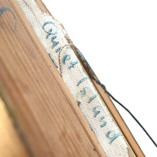 Load image into Gallery viewer, Close-up of canvas edge and stretcher bar showing handwritten title inscription "Quiet Island" in blue ink on Herbert Otto Fiedler mid-century oil painting 
