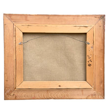 Load image into Gallery viewer, Full reverse view of Herbert Otto Fiedler "Quiet Island" showing pine stretcher frame, original hanging wire, linen canvas back, and handwritten inventory marking on right stretcher bar
