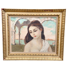 Load image into Gallery viewer, Full view of Herbert Otto Fiedler oil on canvas "Quiet Island," circa 1940s–1950s, depicting a serene young woman with soft colour palette and stylized stone arch background
