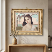 Load image into Gallery viewer, Framed oil painting "Quiet Island" by Herbert Otto Fiedler, mid-century portrait of a young woman against a Mediterranean coastal backdrop, in original vintage gilt frame, 26 x 22 inches
