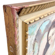 Load image into Gallery viewer, Close-up of top frame rail showing gilt egg-and-dart molding with significant plaster loss and exposed red bole ground on Herbert Otto Fiedler framed oil painting, circa 1940s 
