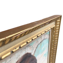 Load image into Gallery viewer, Side profile of vintage gilt wood frame showing structural split along top molding rail on Herbert Otto Fiedler "Quiet Island" oil painting, priced to reflect condition
