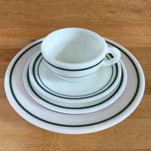 Load image into Gallery viewer, NEW OLD STOCK Vintage PYREX Emerald Band Green Line tableware featuring a white opal/milk glass with a thick green line at the rim and thin green line. Crafted by Corning Glass Works, USA, 1953 - 1978. These dishes are made of tough stuff and were marketed solely to the food service industry as opposed to retail consumers because of their high quality, making them hard to find and hard to break!
