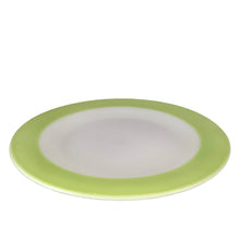 Load image into Gallery viewer, Vintage PYREX Green milk glass dinner plate featuring it&#39;s distinctive lime green band around the perimeter of a white plate. Crafted by PYREX, USA, between 1952 - 1956. Beautiful and durable mid-century tableware!

In great used vintage condition, free from chips.

Measures 10 inches
