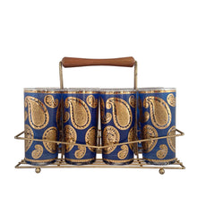 Load image into Gallery viewer, Vintage mid-century era set of eight royal blue and 22kt gold Paisley glass cocktail tumblers in brass caddy with teak handle. Crafted by Culver, USA, 1970s. Highly sought after by collectors, these gorgeous tumblers will make an excellent addition to your barware collection!

In great vintage condition, no chips, minor wear.

Tumblers measure inches 2 3/4 x 5 1/2 inches

Caddy measures 12 ounces

