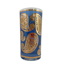 Load image into Gallery viewer, Vintage mid-century era set of eight royal blue and 22kt gold Paisley glass cocktail tumblers in brass caddy with teak handle. Crafted by Culver, USA, 1970s. Highly sought after by collectors, these gorgeous tumblers will make an excellent addition to your barware collection!

In great vintage condition, no chips, minor wear.

Tumblers measure inches 2 3/4 x 5 1/2 inches

Caddy measures 12 ounces
