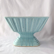Load image into Gallery viewer, This vintage ceramic pottery planter by Brush Quality USA, circa 1950s, is the perfect addition to your home. A flared rectangular planter sits on a graduated pedestal enhanced with a wide rib design, the bowl finished with a pale blue speckled glaze.  In excellent condition, free from chips/cracks/repairs.  Measuring 10 3/4 x 6 x 6 3/4 inches. 
