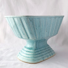 Load image into Gallery viewer, This vintage ceramic pottery planter by Brush Quality USA, circa 1950s, is the perfect addition to your home. A flared rectangular planter sits on a graduated pedestal enhanced with a wide rib design, the bowl finished with a pale blue speckled glaze.  In excellent condition, free from chips/cracks/repairs.  Measuring 10 3/4 x 6 x 6 3/4 inches. 
