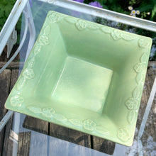 Load image into Gallery viewer, Vintage pale green square ceramic jardiniere planter No 322-6 featuring flared edge embossed with florals. Crafted by Robinson Ransbottom Pottery Co., 1950s. A beautiful piece to add to your art pottery collection!

In good vintage condition, no chips/cracks/repairs. Age-related crazing and manufacturer's glaze pops. Maker's marks.

Measures 6 x 6 x 2 1/4 inches

