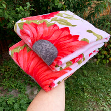 Load image into Gallery viewer, A vintage pale salmon pink ultra soft cotton terry cloth bath towels featuring a striking spray of flowers in shades of salmon, charcoal and green with an inset scalloped border pattern. Crafted by Besana, Italy. This gorgeous towel is sure to amplify your bath!  In excellent condition, free form tears/stains. Possibly new old stock.  Measures 47 inches x 27 1/2 inches
