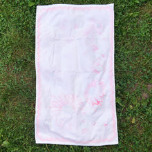 Load image into Gallery viewer, A vintage pale salmon pink ultra soft cotton terry cloth bath towels featuring a striking spray of flowers in shades of salmon, charcoal and green with an inset scalloped border pattern. Crafted by Besana, Italy. This gorgeous towel is sure to amplify your bath!  In excellent condition, free form tears/stains. Possibly new old stock.  Measures 47 inches x 27 1/2 inches
