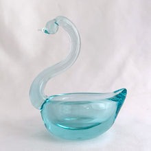 Load image into Gallery viewer, This lovely hand blown art glass swan trinket dish is a lovely shade of pale turquoise blue with a nicely polished bottom. This graceful swan was crafted by the artisans of Murano, Italy, circa 1960/70s. It&#39;s perfect to hold jewellery or display as home decor. Also makes a perfect gift!  In excellent condition, free from chips/cracks/repairs.  Measures 3 1/2 x 2 5/8 x 4 1/2 inches
