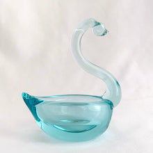 Load image into Gallery viewer, This lovely hand blown art glass swan trinket dish is a lovely shade of pale turquoise blue with a nicely polished bottom. This graceful swan was crafted by the artisans of Murano, Italy, circa 1960/70s. It&#39;s perfect to hold jewellery or display as home decor. Also makes a perfect gift!  In excellent condition, free from chips/cracks/repairs.  Measures 3 1/2 x 2 5/8 x 4 1/2 inches
