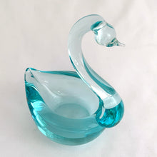 Load image into Gallery viewer, This lovely hand blown art glass swan trinket dish is a lovely shade of pale turquoise blue with a nicely polished bottom. This graceful swan was crafted by the artisans of Murano, Italy, circa 1960/70s. It&#39;s perfect to hold jewellery or display as home decor. Also makes a perfect gift!  In excellent condition, free from chips/cracks/repairs.  Measures 3 1/2 x 2 5/8 x 4 1/2 inches
