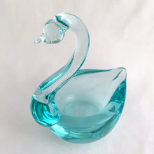 Load image into Gallery viewer, This lovely hand blown art glass swan trinket dish is a lovely shade of pale turquoise blue with a nicely polished bottom. This graceful swan was crafted by the artisans of Murano, Italy, circa 1960/70s. It&#39;s perfect to hold jewellery or display as home decor. Also makes a perfect gift!  In excellent condition, free from chips/cracks/repairs.  Measures 3 1/2 x 2 5/8 x 4 1/2 inches
