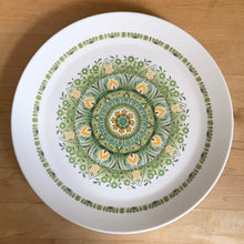 Load image into Gallery viewer, Set of four vintage Palos Verde dinner plates. Noritake, Japan, 1969 - 1979. Gorgeous dinnerware featuring a lovely retro floral mandala in shades of green, teal and orange!

In excellent, like new condition, no chips/cracks.

Measures 10 3/8 inches

