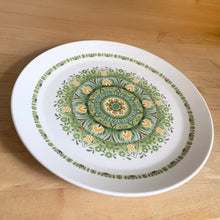 Load image into Gallery viewer, Set of four vintage Palos Verde dinner plates. Noritake, Japan, 1969 - 1979. Gorgeous dinnerware featuring a lovely retro floral mandala in shades of green, teal and orange!

In excellent, like new condition, no chips/cracks.

Measures 10 3/8 inches
