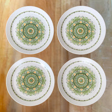 Load image into Gallery viewer, Set of four vintage Palos Verde dinner plates. Noritake, Japan, 1969 - 1979. Gorgeous dinnerware featuring a lovely retro floral mandala in shades of green, teal and orange!

In excellent, like new condition, no chips/cracks.

Measures 10 3/8 inches
