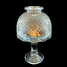 Load image into Gallery viewer, Vintage Partylite pineapple fairy lamp in clear pressed glass, assembled 2-piece with diamond-cut dome shade resting on a pedestal base, lit with warm candlelight glow
