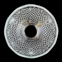 Load image into Gallery viewer, Overhead view of the Partylite pineapple fairy lamp shade, showing the open circular scalloped bottom rim and all-over diamond hobnail pressed glass texture
