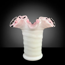 Load image into Gallery viewer, Beautiful hand crafted &quot;Peach Crest&quot; flower vase features a white exterior and a shell pink interior with clear crimped edge and concentric circles or ribbed body. Crafted by Fenton Art Glass, between 1940 to 1943. This compact elegant vase will surely complement any floral display!  In excellent condition, free from chips.  Measures 5 1/2 x 5 inches   
