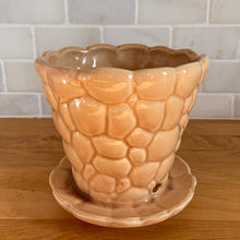 Load image into Gallery viewer, Vintage gloss peach pebble planter pot with attached saucer. Crafted by McCoy Pottery, 1950s. This rare planter is must for any McCoy art pottery collector!

In as found vintage condition, no chips, interior tight hairline crack, crazing. Marked 303 and 5 on the bottom.

Measures 5 1/2 x 5 1/4 inches
