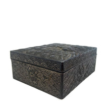 Load image into Gallery viewer, This gorgeous handmade vintage metal lidded trinket box features an embossed proud peacock atop the hinged lid with florals on the side set against a graphic repeating scalloped pattern. The interior is lined with navy blue velvet and the exteriors heavy patina adds to the beauty of the well-crafted box. A stunning piece that will add a bit of mysterious Bohemian whimsy  to your decor!  In good vintage condition. South East Asian origin.  Measures 3 5/8 x 3 x 1 1/2 inches   
