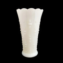 Load image into Gallery viewer, This vintage &quot;Pearls&quot; milk glass flower vase is a classic piece. Crafted Anchor Hocking, USA, circa 1960s. It boasts a timeless and chic design that adds a touch of elegance to any space.  In excellent condition, free from chips or cracks.  Measures 4 x 7 1/8 inches
