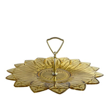 Load image into Gallery viewer, An outstanding and hard to find vintage amber pressed glass &quot;Petal&quot; tidbit serving tray featuring a decorative silver toned metal stem plus D-shaped handle. This piece is simply elegant. Crafted by the Federal Glass Company, USA, circa 1960s. This tidbit tray would look stunning on any dessert table, use for a lovely high tea service or desserts!   The glass is in excellent condition, free from chips/cracks.   Measures approximately 11 1/2 x 4 3/4 inches tall
